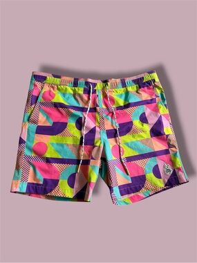 Psycho Bunny Multicolor Stripe Waistband Swim Shorts - Purple, Pink, Yellow (L)